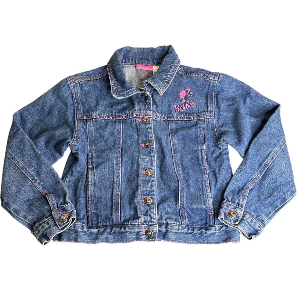 VTG Y2K Girls Barbie Blue Jean 7/8 Denim‎ Trucker Jacket Pink Rhinestones AVON